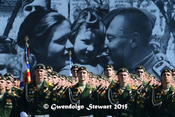 Russian Troops In Red Square Backed by World War II Photograph, Photographed by Gwendolyn Stewart, c. 2015; All Rights 
Reserved