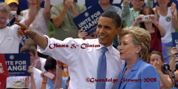 Photograph of Senators Barack Obama 
(D-Illinois) and Hillary Clinton (D-NY) in Unity, New Hampshire, June 27, 2008, by 
GWENDOLYN STEWART c. 2009; All Rights Reserved