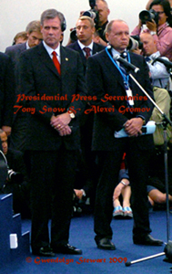 Photograph of presidential press secretaries Tony Snow and Andrei 
Gromov at the 2006 G-8 Summit in St. Petersburg, Russia, by Gwendolyn Stewart, 
c. 2010; All Rights Reserved